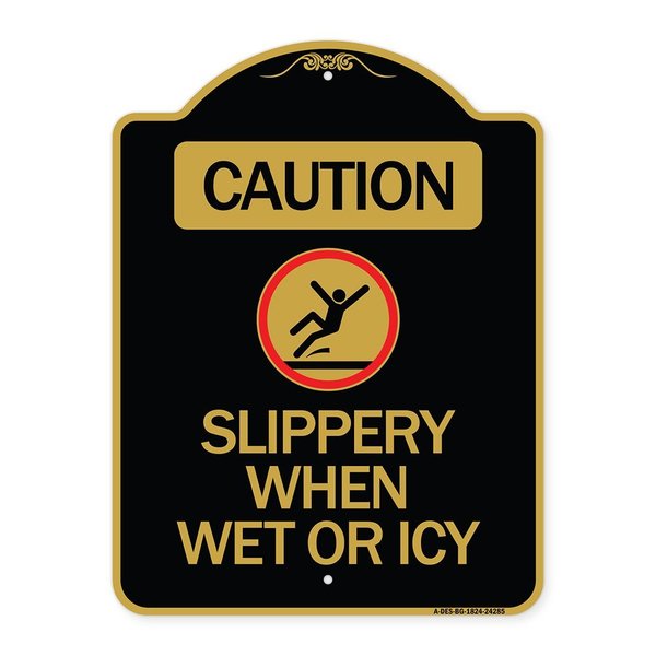 Signmission Caution-Slippery When Wet or Icy W/ Graphic, Black & Gold Aluminum Sign, 18" H, BG-1824-24285 A-DES-BG-1824-24285